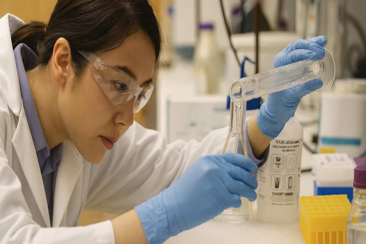 Pharmacist compounding medication in a professional setting